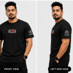 A Young guy showing The Custumised Tshirt from front and left view