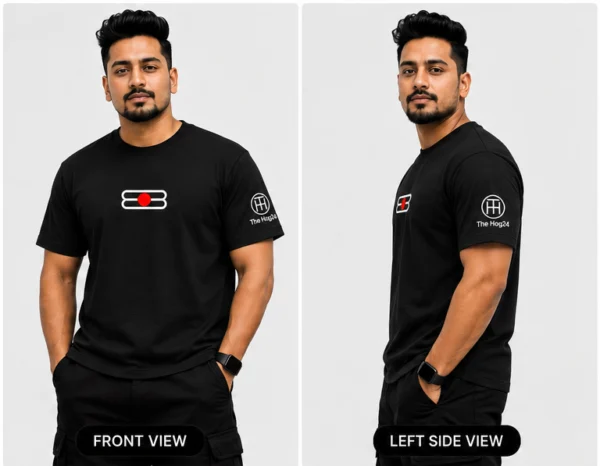 A Young guy showing The Custumised Tshirt from front and left view
